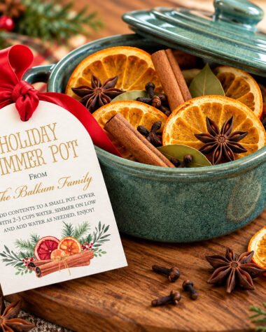 Mini green Dutch oven filled with dried oranges, cinnamon sticks, and star anise, decorated with a red ribbon and holiday simmer pot gift tag.