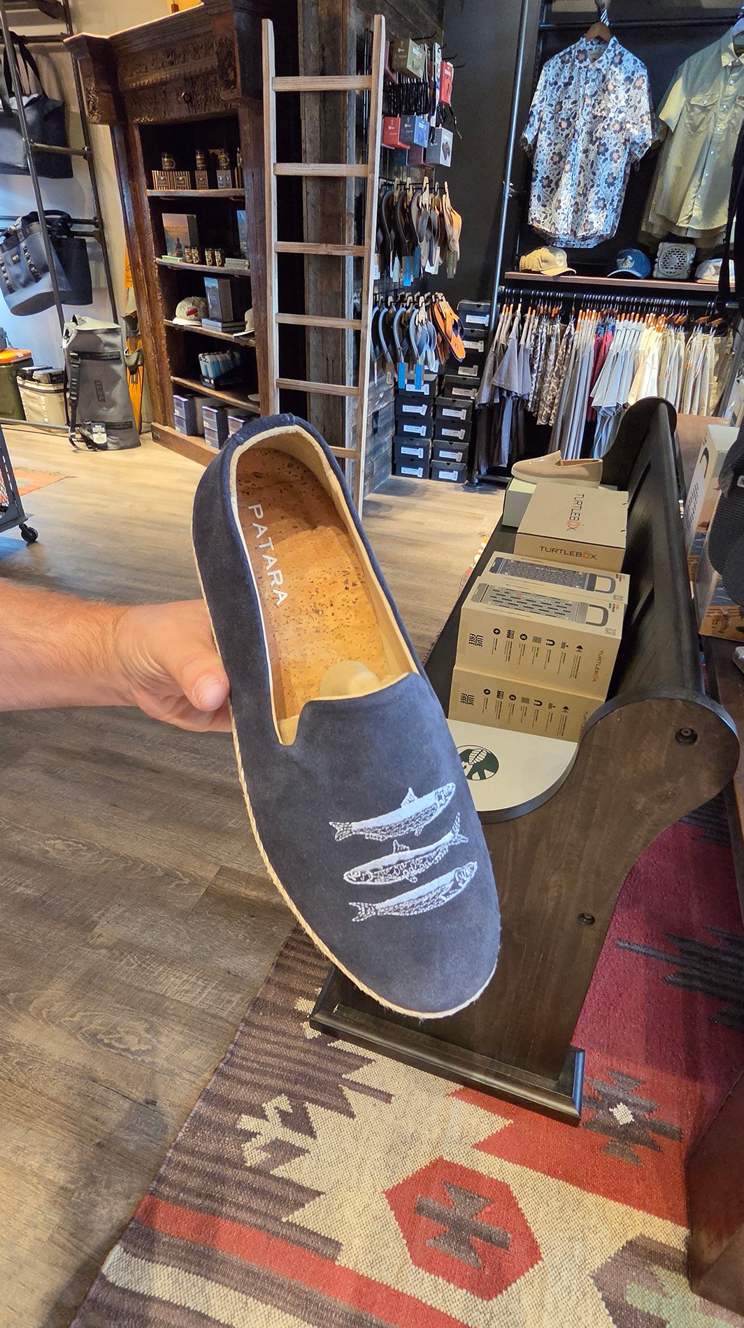 A fish-embroidered Patara smoking slipper at Covebourne